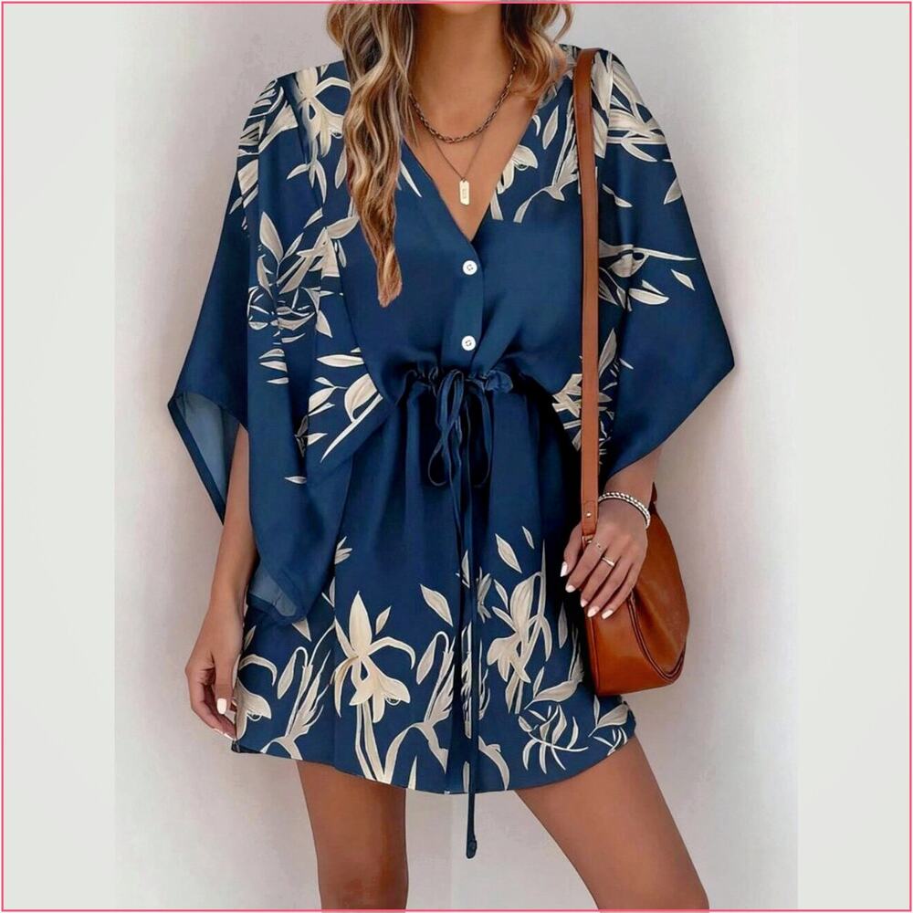 Blue Boho Women's Printed Batwing Sleeve Botanical Dress
